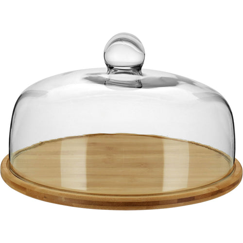 Prato de Bolo com Tampa de Vidro e Base de Bambu 20cm Natural