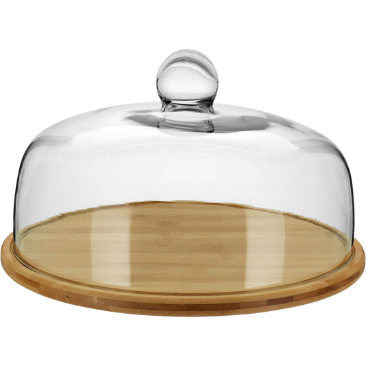 Prato de Bolo com Tampa de Vidro e Base de Bambu 20cm Natural