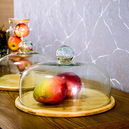 Prato de Bolo com Tampa de Vidro e Base de Bambu 20cm Natural