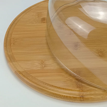Prato de Bolo com Tampa de Vidro e Base de Bambu 20cm Natural