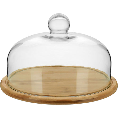 Prato Bolo com Tampa de Vidro e Base de Bambu 18cm - Natural
