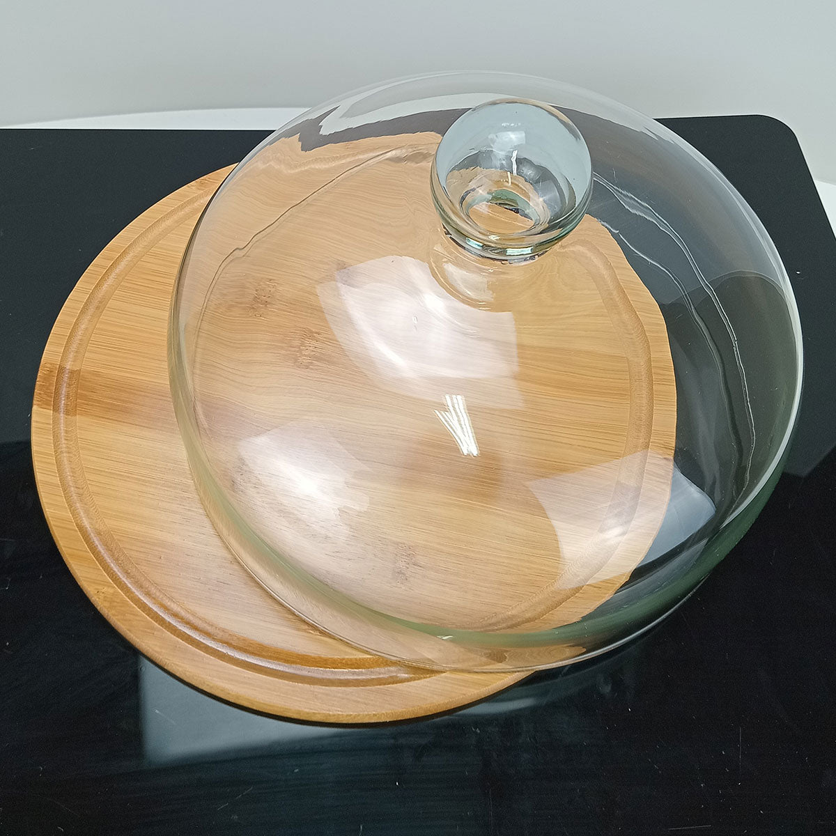 Prato Bolo com Tampa de Vidro e Base de Bambu 18cm - Natural