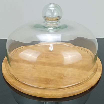 Prato Bolo com Tampa de Vidro e Base de Bambu 18cm - Natural