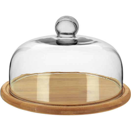 Prato de Bolo com Tampa de Vidro e Base de Bambu 15x26cm Natural