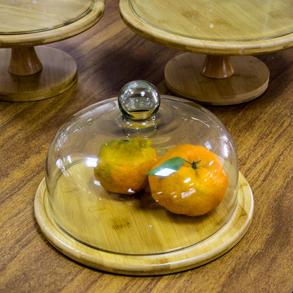 Prato de Bolo com Tampa de Vidro e Base de Bambu 15x26cm Natural