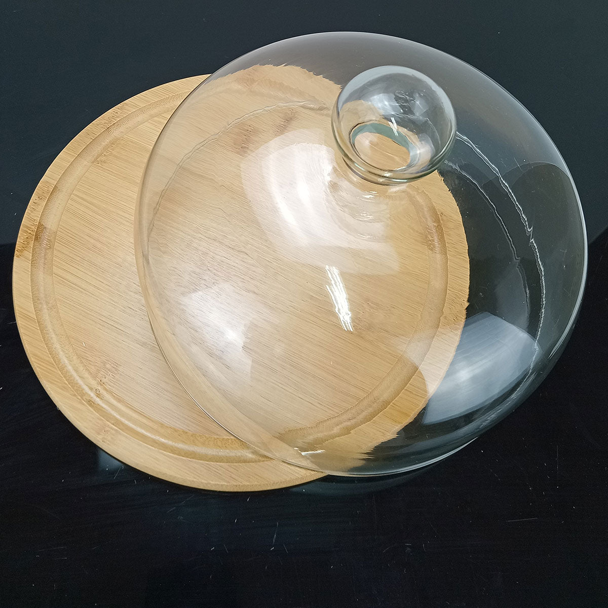 Prato de Bolo com Tampa de Vidro e Base de Bambu 15x26cm Natural