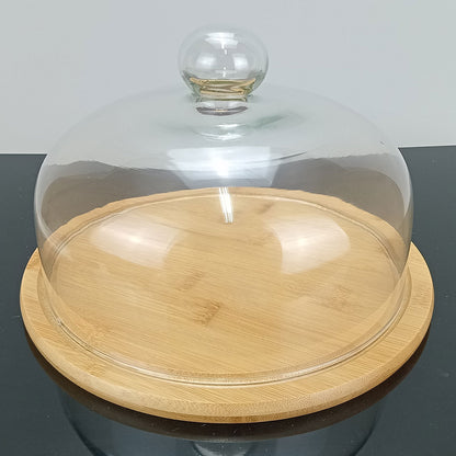 Prato de Bolo com Tampa de Vidro e Base de Bambu 15x26cm Natural
