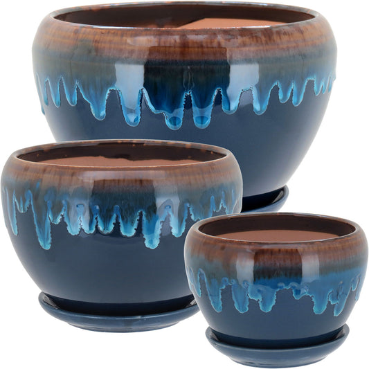 Conjunto de Cachepôs de Cerâmica Azul - 3 Peças em Vários Tamanhos