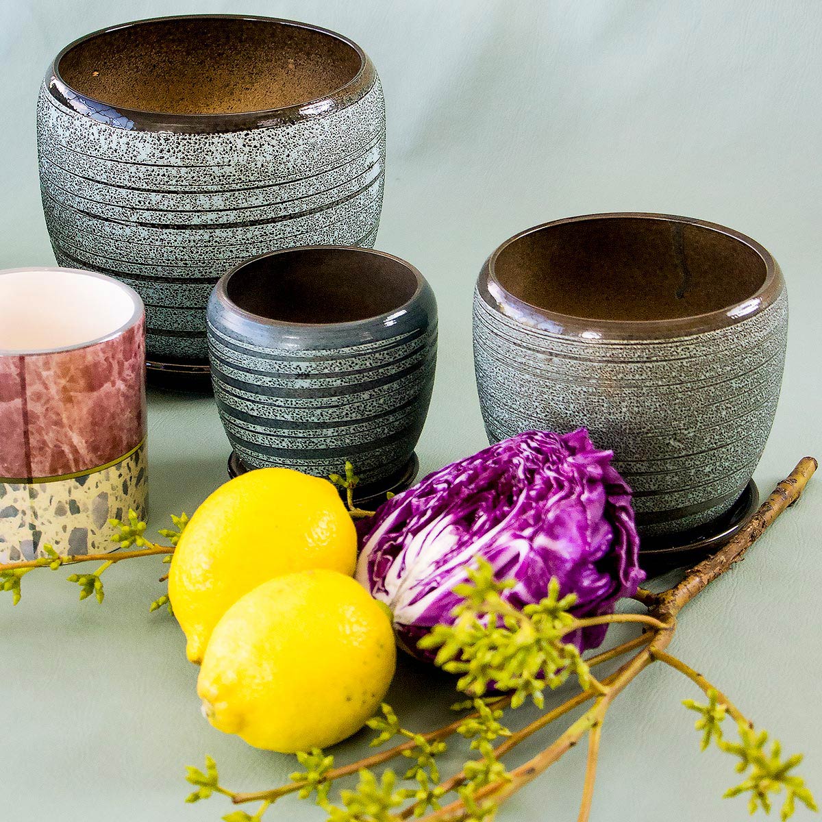 Conjunto de 3 Cachepôs de Cerâmica Cinza - Plantas Naturais ou Artificiais