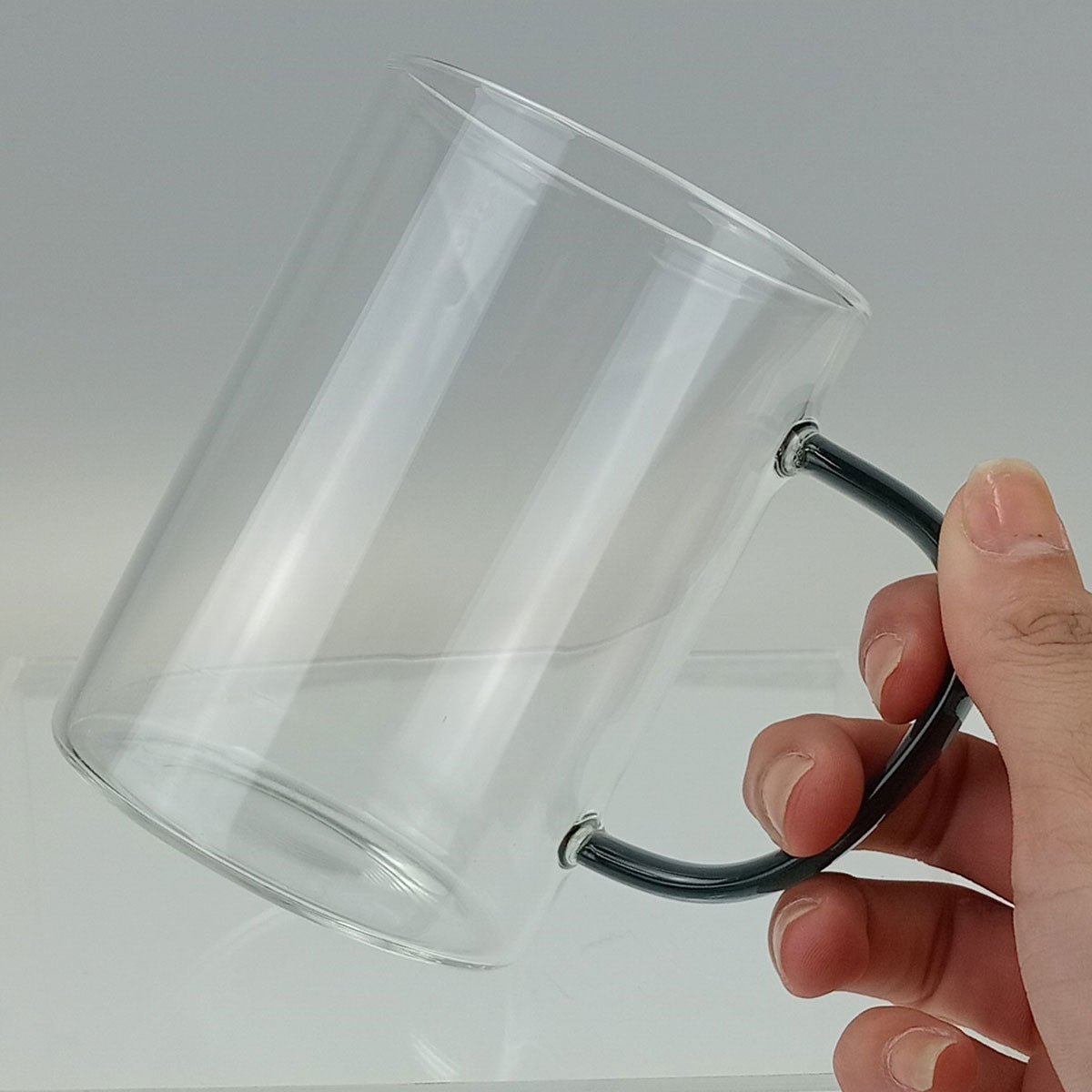 Caneca Borossilicato Transparente 450ml Alça Cinza 12x8x8cm