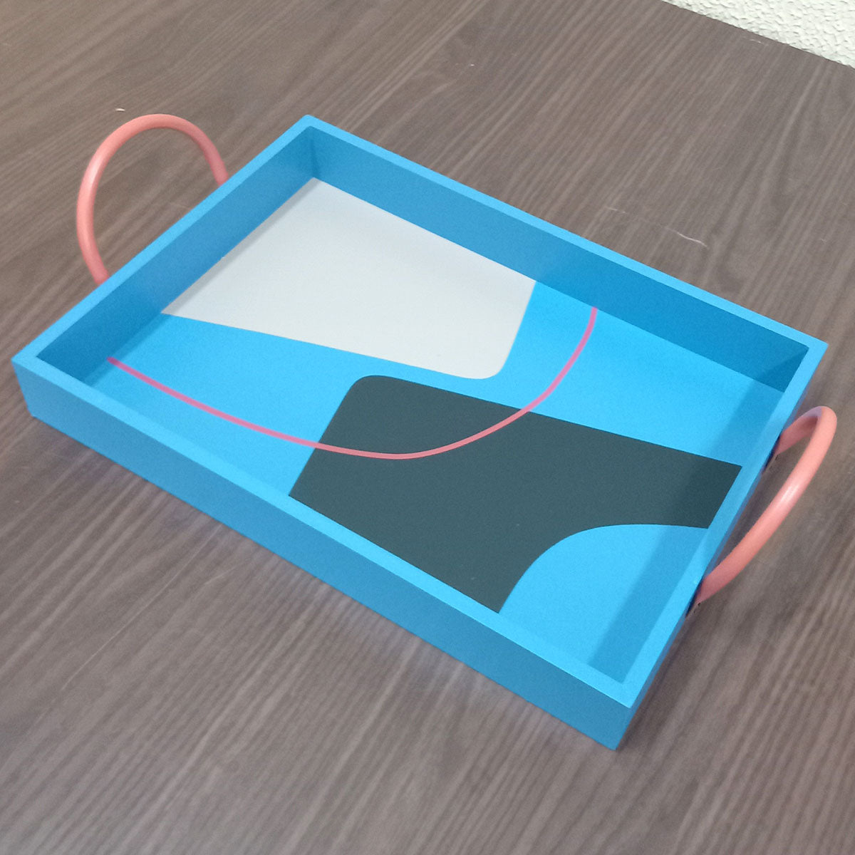 Bandeja Decorativa Retangular MDF Azul 10x25x39cm para Servir Bebidas