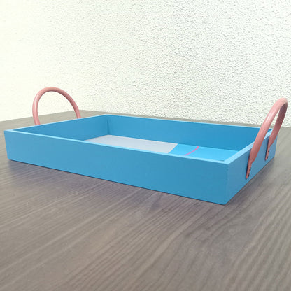 Bandeja Decorativa Retangular MDF Azul 10x25x39cm para Servir Bebidas