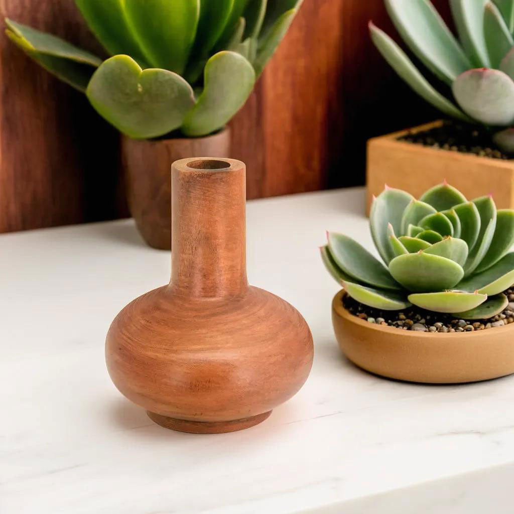 Vaso de Madeira Natural Home&Co 16x13cm para Decoração de Ambientes