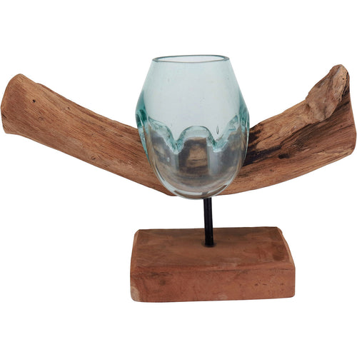 Vaso Decorativo Escorrido Vidro Transparente Base Madeira 27x14x37cm