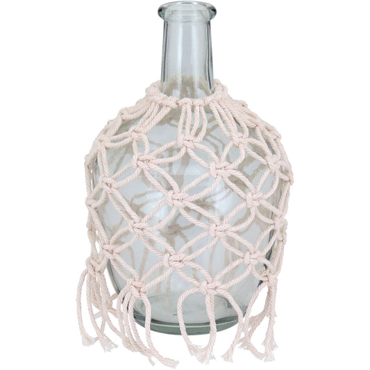 Vaso Garrafa em Vidro Transparente 25x12cm Trama Algodão Decorativo