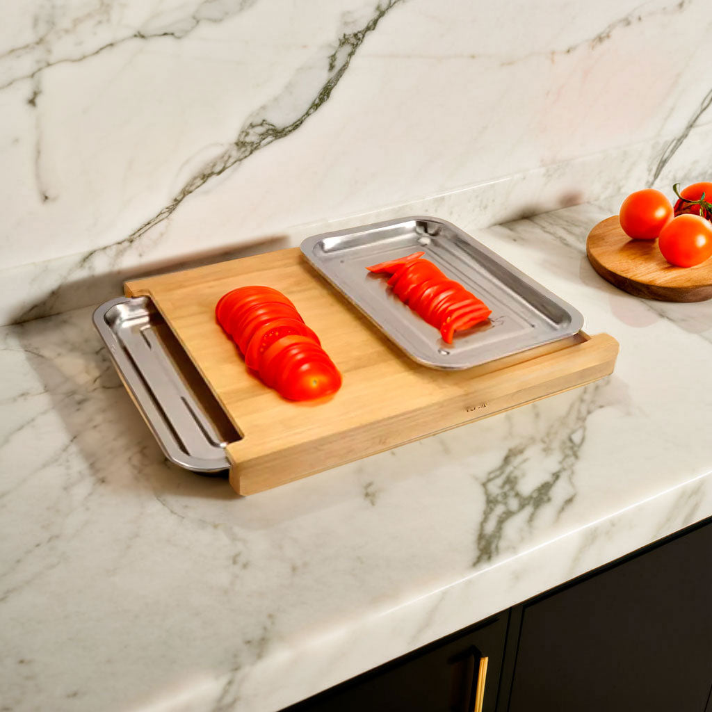 Tábua de Corte Retangular Bambu Natural 2 Gavetas Coletoras Home&Co 33,8x23cm