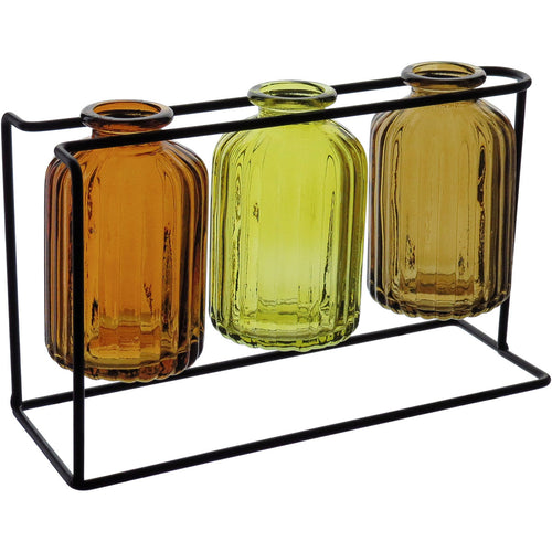 Vaso Garrafa Home&Co em Vidro Âmbar com Suporte de Metal 3 Peças