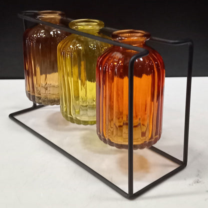 Vaso Garrafa Home&Co em Vidro Âmbar com Suporte de Metal 3 Peças