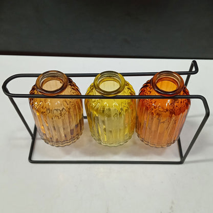 Vaso Garrafa Home&Co em Vidro Âmbar com Suporte de Metal 3 Peças