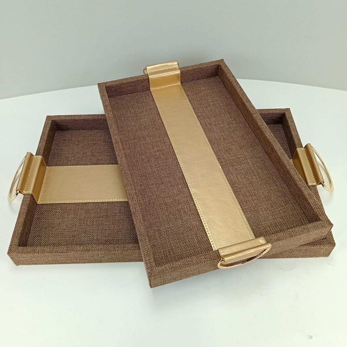 Bandeja Retangular Decorativa Home&Co MDF Marrom com Alças Metal Dourado