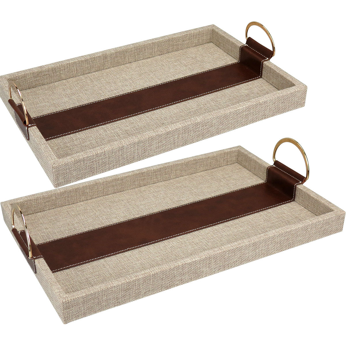 Bandeja Retangular Home&Co Bege MDF com Alças Metal Dourado 2 Peças