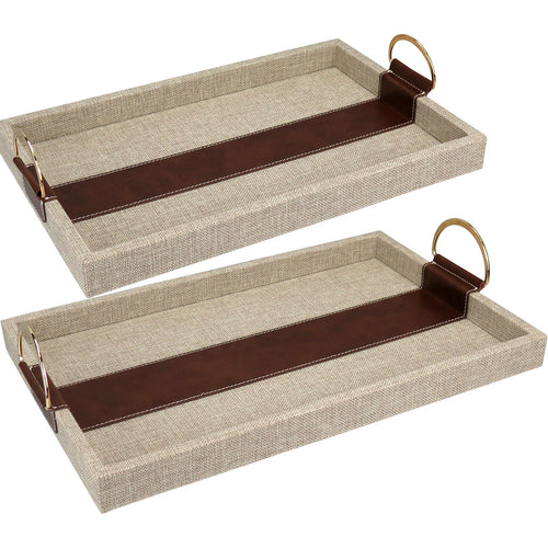 Bandeja Retangular Home&Co Bege MDF com Alças Metal Dourado 2 Peças