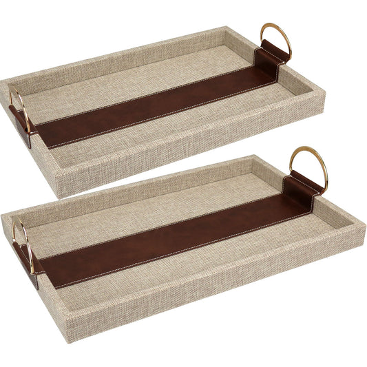 Bandeja Retangular Home&Co Bege MDF com Alças Metal Dourado 2 Peças