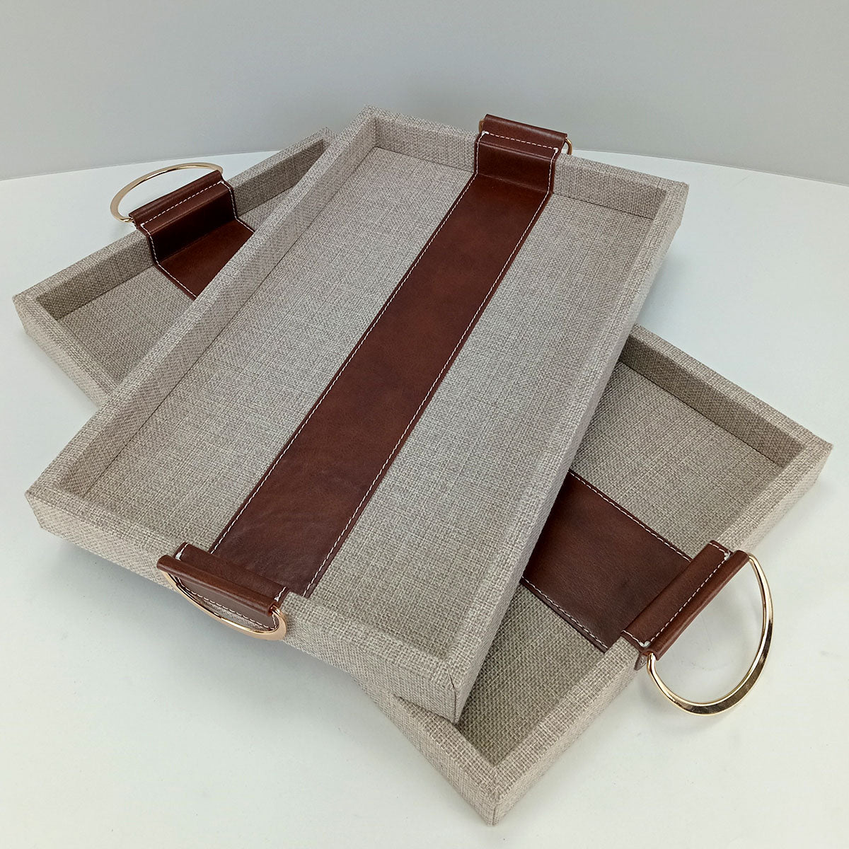 Bandeja Retangular Home&Co Bege MDF com Alças Metal Dourado 2 Peças