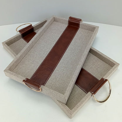 Bandeja Retangular Home&Co Bege MDF com Alças Metal Dourado 2 Peças