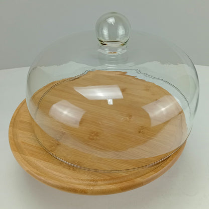 Prato de Bolo Redondo Home&Co com Tampa de Vidro e Base de Bambu 30cm