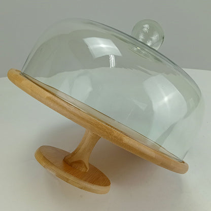 Prato de Bolo Redondo Home&Co com Tampa de Vidro e Base de Bambu 30cm
