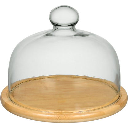 Prato de Bolo Redondo Home&Co com Tampa de Vidro e Base de Bambu 15cm