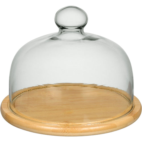 Prato de Bolo Redondo Home&Co com Tampa de Vidro e Base de Bambu 15cm