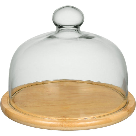 Prato de Bolo Redondo Home&Co com Tampa de Vidro e Base de Bambu 15cm