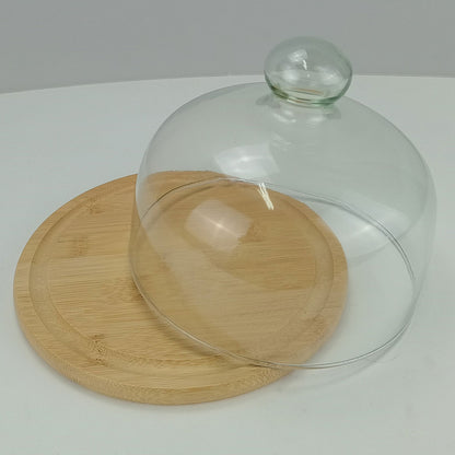 Prato de Bolo Redondo Home&Co com Tampa de Vidro e Base de Bambu 15cm