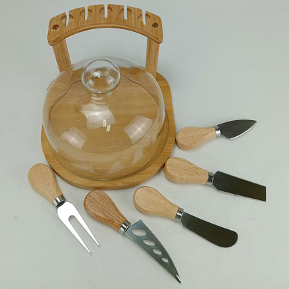 Jogo de Queijo 7 Peças Home&Co com Tampa de Vidro e Tábua de Bambu