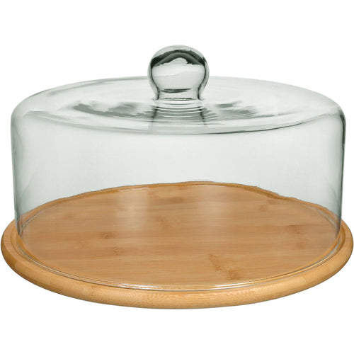 Prato de Bolo Redondo Home&Co 19cm com Tampa de Vidro e Base de Bambu