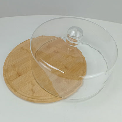 Prato de Bolo Redondo Home&Co 19cm com Tampa de Vidro e Base de Bambu