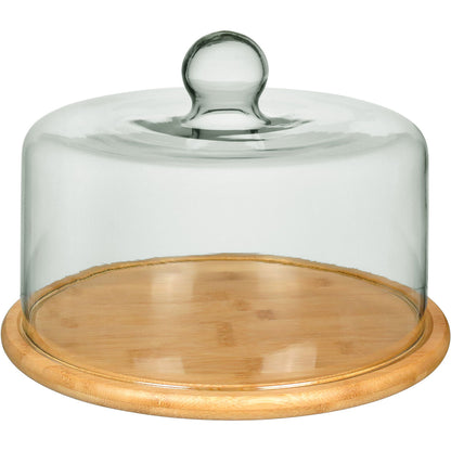 Prato de Bolo Redondo Home&Co com Tampa de Vidro e Base de Bambu 19cm