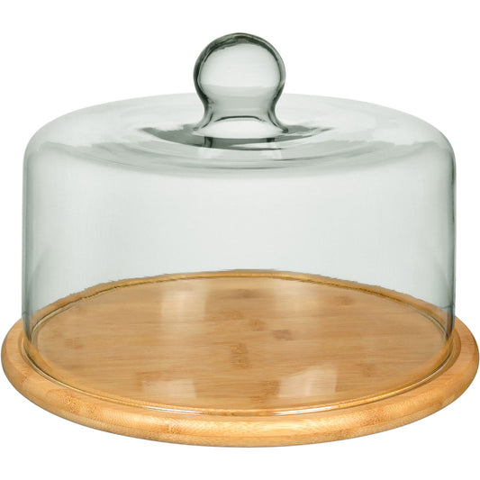 Prato de Bolo Redondo Home&Co com Tampa de Vidro e Base de Bambu 19cm