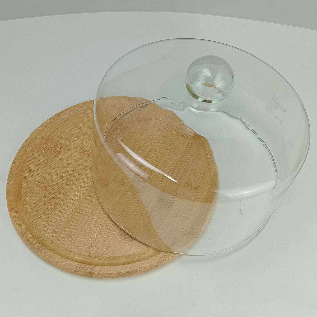 Prato de Bolo Redondo Home&Co com Tampa de Vidro e Base de Bambu 19cm