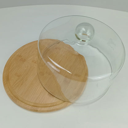 Prato de Bolo Redondo Home&Co com Tampa de Vidro e Base de Bambu 19cm