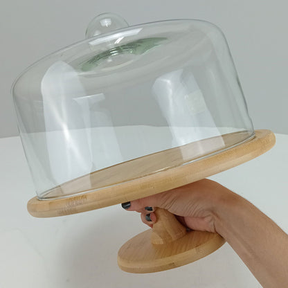 Prato de Bolo Redondo com Pé em Bambu e Tampa de Vidro 29cm Home&Co