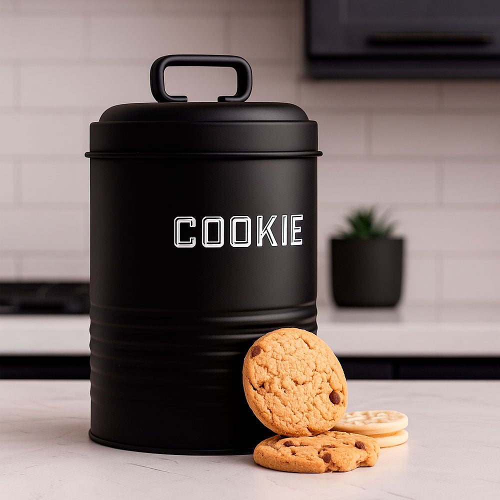 Lata de Cookies Retrô Preta 12x19cm Aço Carbono Mai Home