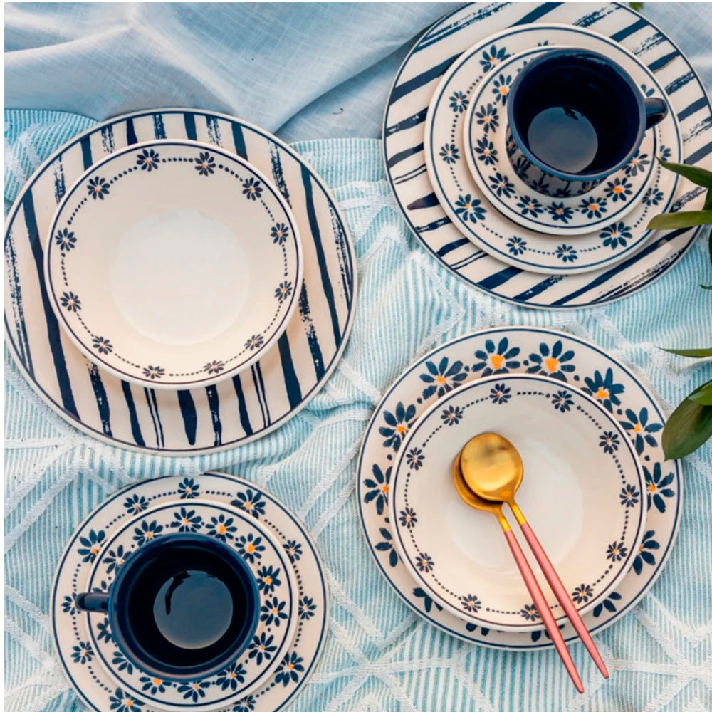 Aparelho de Jantar Chá 20 Peças Donna Margaridas Cerâmica Decorada