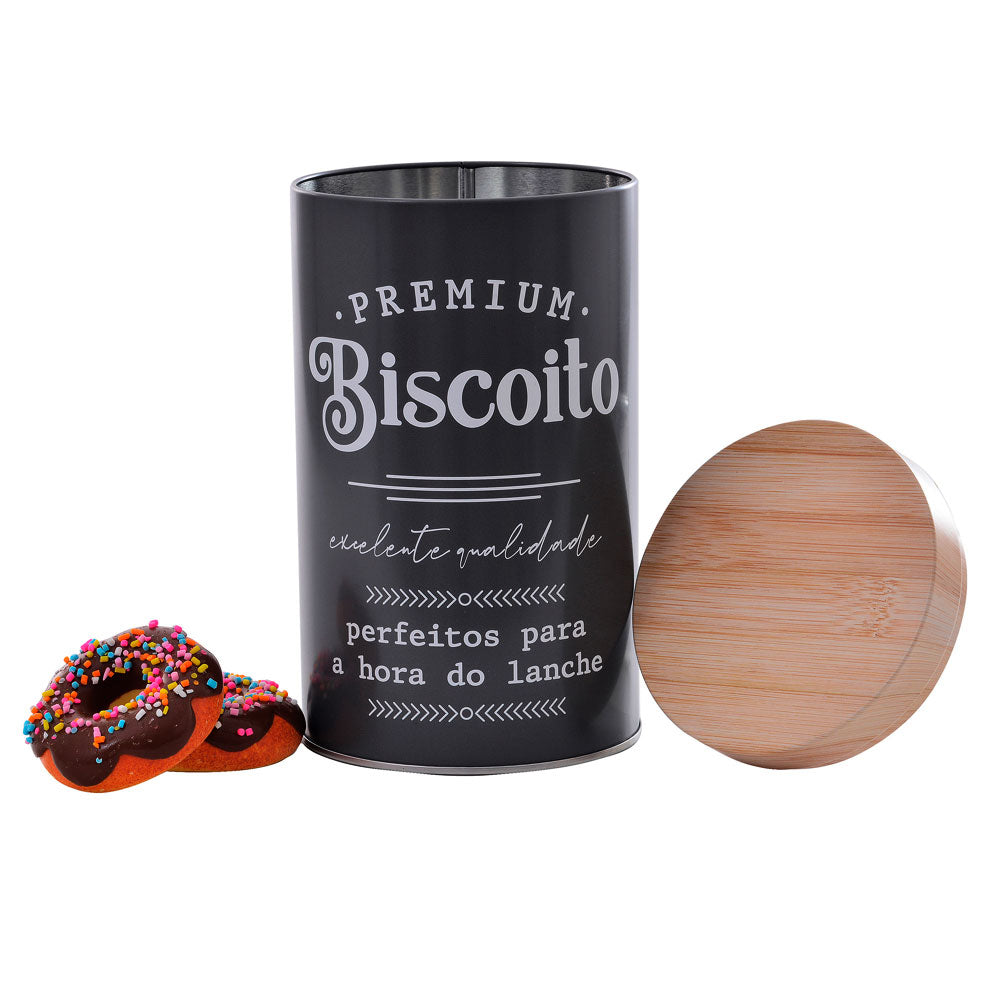 Lata de Biscoitos Dolci Mai Home Preta Redonda 10x17,5cm Aço Carbono