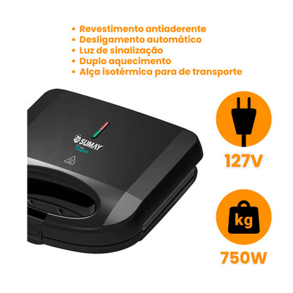 Sanduicheira Grill Elétrica Cuisine SM-SP01 127V - Inox e Antiaderrapante