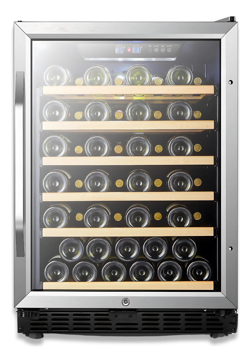 A Adega Climatizada 46 Garrafas 80L 220V combina design moderno, baixo ruído e alta eficiência. Porta de vidro duplo com moldura em inox, controle digital sensível ao toque e prateleiras em madeira nobre garantem elegância e desempenho superior.