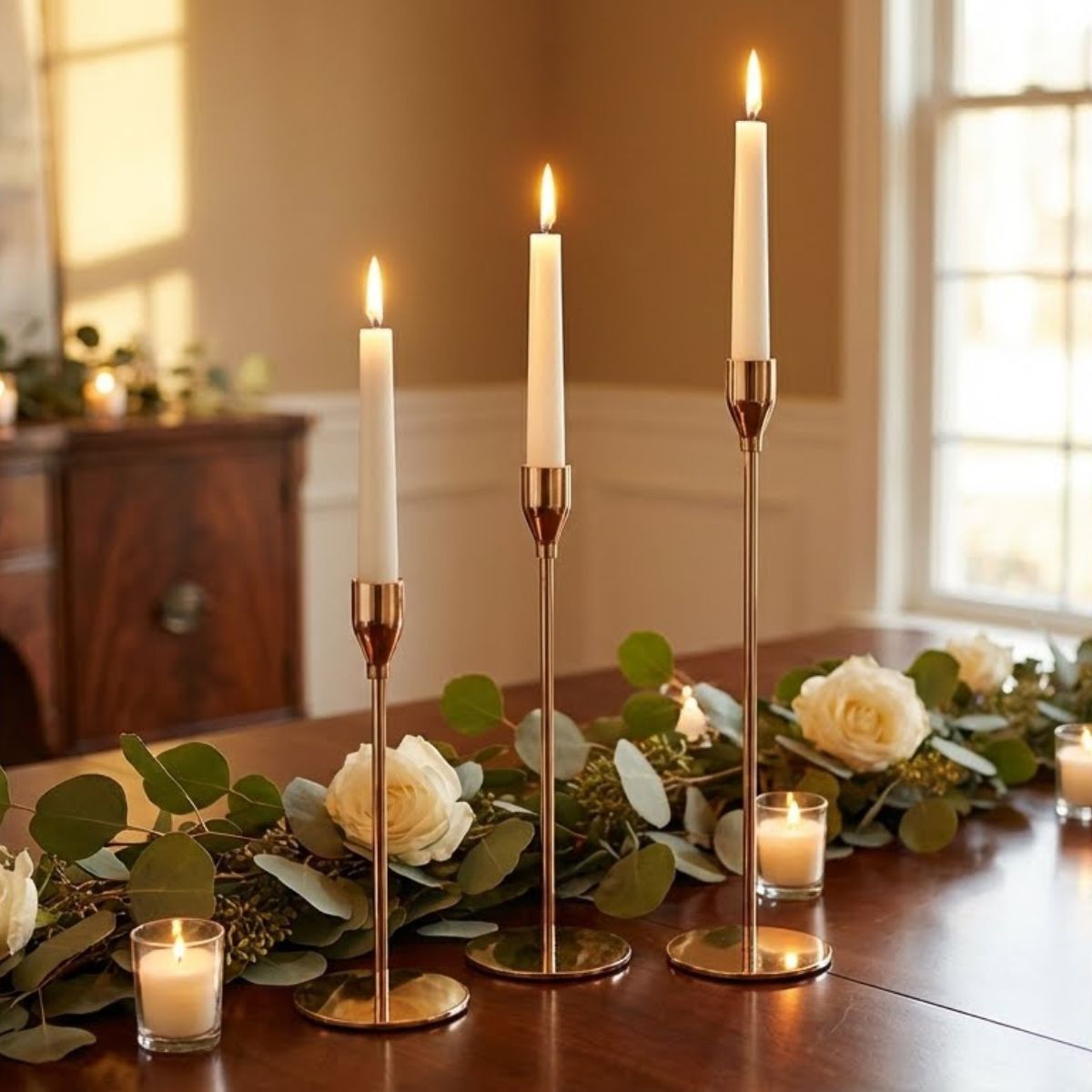 Castiçal Metal Dourado Elegante JG 3 Peças - Tamanhos G, M e P