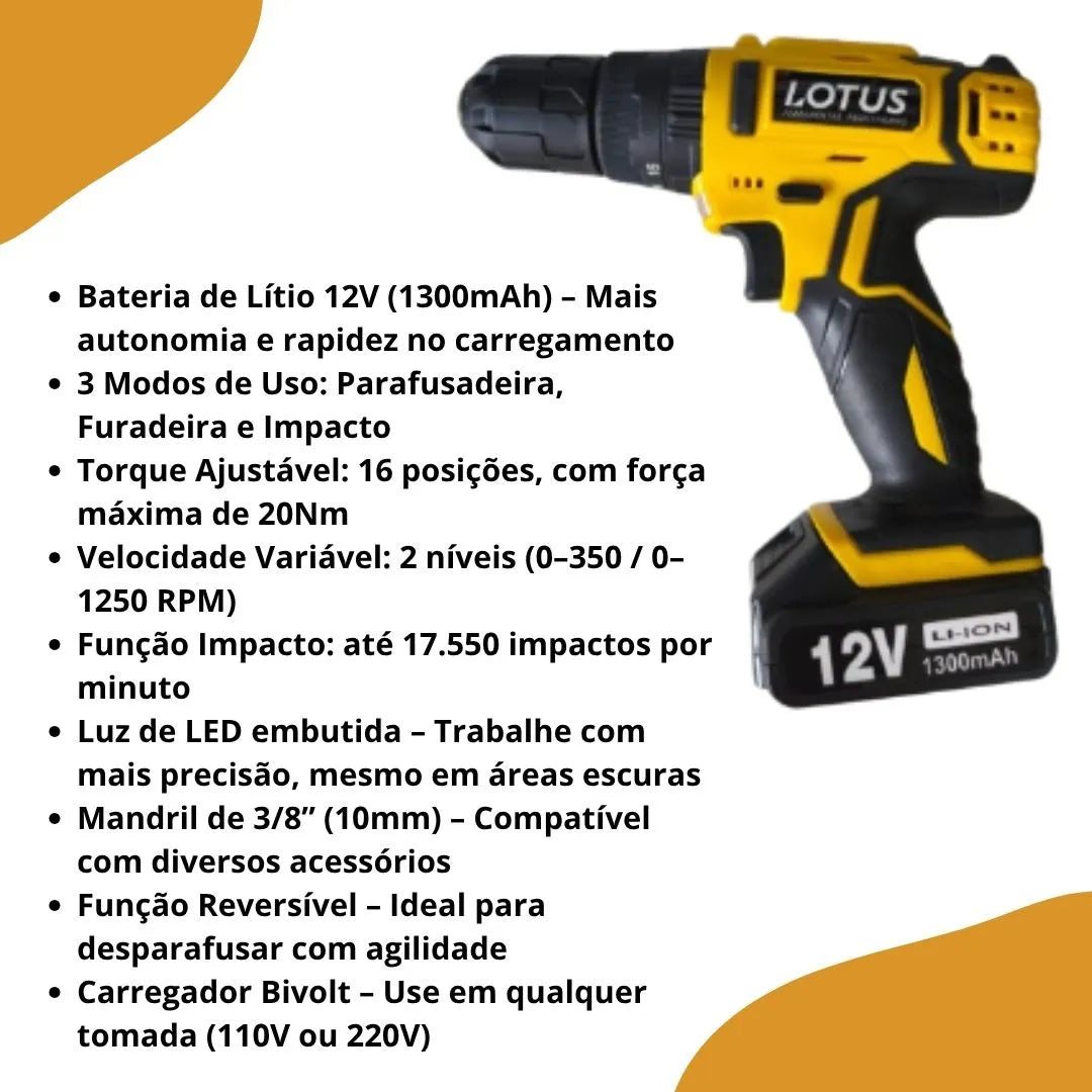 Furadeira Parafusadeira Lotus 12V com Impacto – Kit 14 Peças